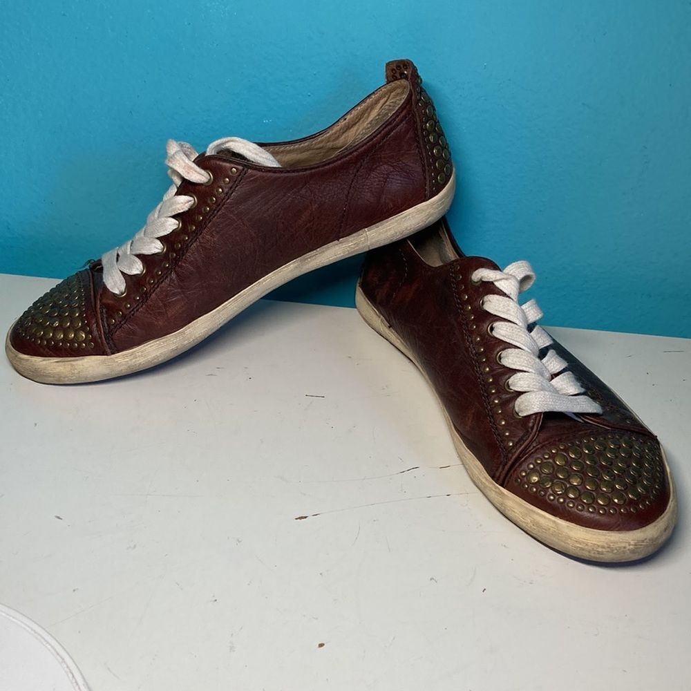 Frye Kira Studded Low Sneaker Brown Leather 7